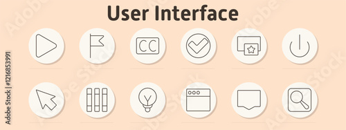 User interface set icon. Play button, flag, captions, checkmark, favorites, power, pointer, books, light bulb, browser, chat bubble, search magnifier