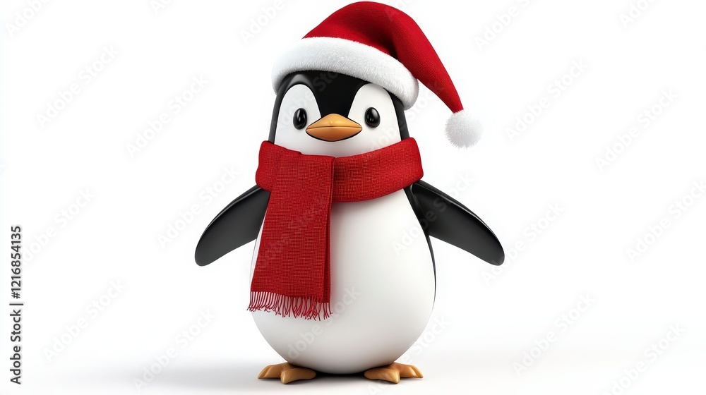 Fototapeta premium Cute Penguin in Christmas Hat and Scarf for Holiday Illustrations