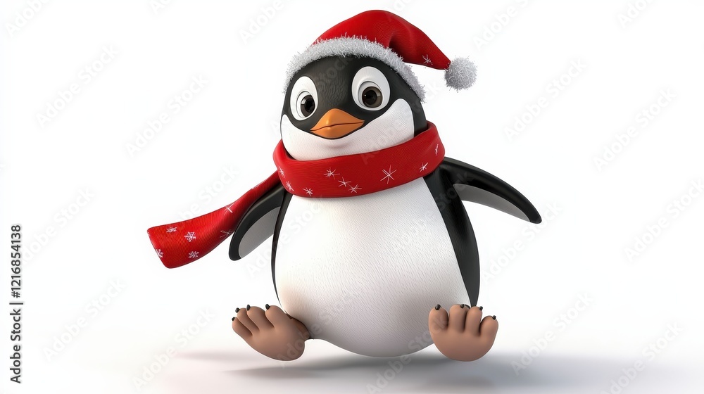 Fototapeta premium Adorable Cartoon Penguin in Christmas Hat and Red Scarf
