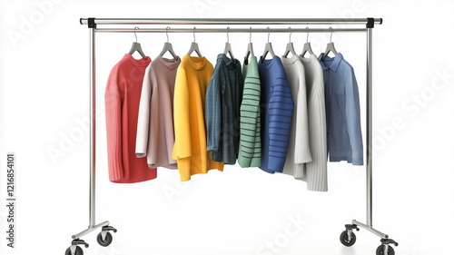 Fashion on hangers, hanging from a metal rack with wheels, isolated over a white background