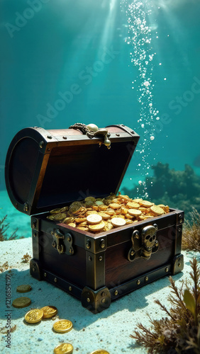 Submerged under water Treasure jewels in open chest on sandy bottom of the sea