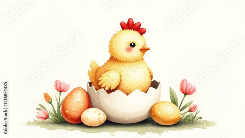 Watercolor illustration of an adorable little chicken in eggshells and flowers, Easter egg on grass on white background. Elements for design, printing, decoration, cards