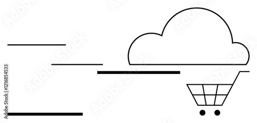 Shopping cart connects with cloud outline and dynamic horizontal lines suggest data movement. Ideal for e-commerce, cloud computing, online shopping, logistics, technology, innovation, abstract line
