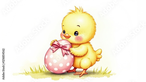 Watercolor illustration of cute little chicken with Easter egg on grass on white background. Elements for design, printing, decoration, cards