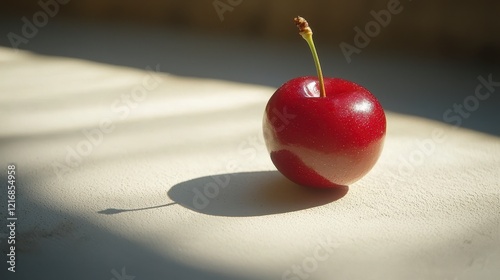 Sunlit cherry, shadow, table, background blinds, food photography