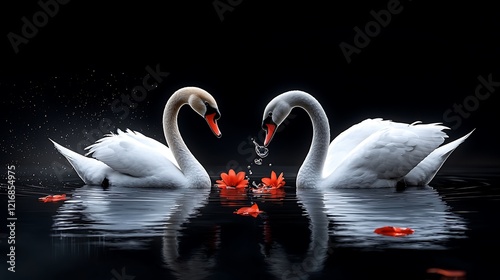 A lovely 3D cartoon swan couple swimming in a heart-shaped pond surrounded by flowers, Ultra-Realistic, Photo Realistic, highly detailed, 