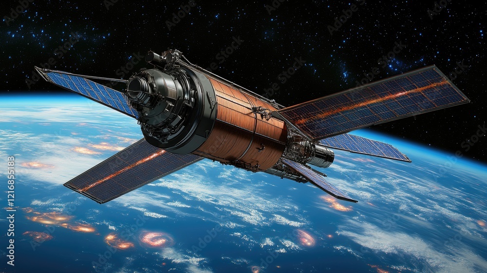 Obraz premium Satellite orbiting Earth, night view, city lights below, space exploration