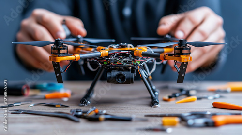 Detailed close-up of hands carefully assembling a drone amidst various tools on a workbench in a workshop environment