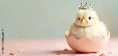 Funny cute little easter baby chick in a jeweled eggshell crown on pastel soft background. Easter concept holiday greeting card with copy space