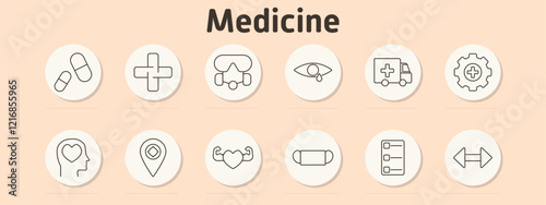 Medicine set icon. Pills, medical cross, safety goggles, teardrop in eye, ambulance, medical gear, mental health, location marker, heart and strength, capsule, medical chart, bidirectional arrows
