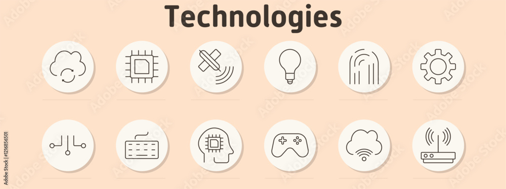 Technologies set icon. Cloud, processor, crossed satellites, light bulb, fingerprint, gear, circuit, keyboard, AI head, game controller, wireless connection, router Technologies set icon. Cloud, processor, crossed satellites, light bulb, fingerprint, gear, circuit, keyboard, AI head, game controller, wireless connection, router