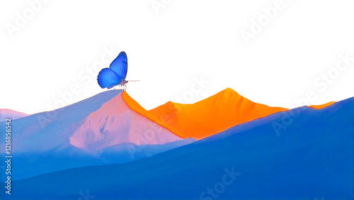 Set of Blue Butterfly Perched on Orange Mountain with Sunrise on transparent png background....