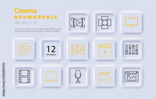 Cinema set icon. Chat bubble with photo, quality symbol, play button, studio light, monitor, film strip, clapboard, microphone, camera, clapper, web gallery