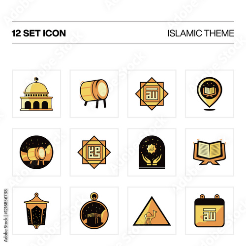 Set of icons. Islamic icons for Ramadan template. Set Islamic icons isolated on a white background. Gold Islamic Icon. Islamic Stream