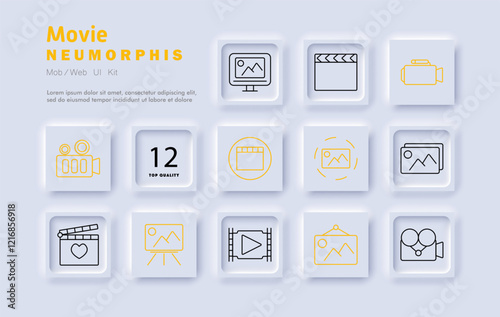 Movie set icon. Film camera, screen, clapperboard, video camera, director's board, image gallery, presentation, editing, filmmaking, recording, scene, production