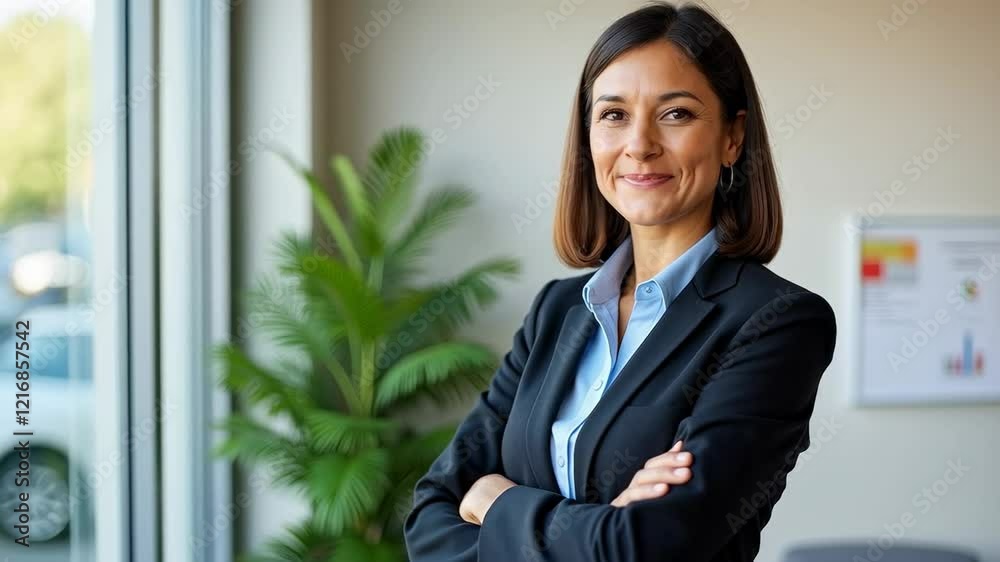 Confident Businesswoman in Suit Smiling by Window with Plant in Office - Professionalism, Success, Career, and Leadership Representation Confident Businesswoman in Suit Smiling by Window with Plant in Office - Professionalism, Success, Career, and Leadership Representation