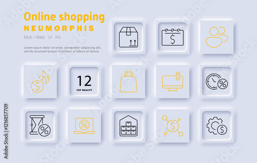 Online shopping set icon. Payment processing, package tracking, customer support, discounts, store transactions, logistics, secure checkout, financial operations, promotions