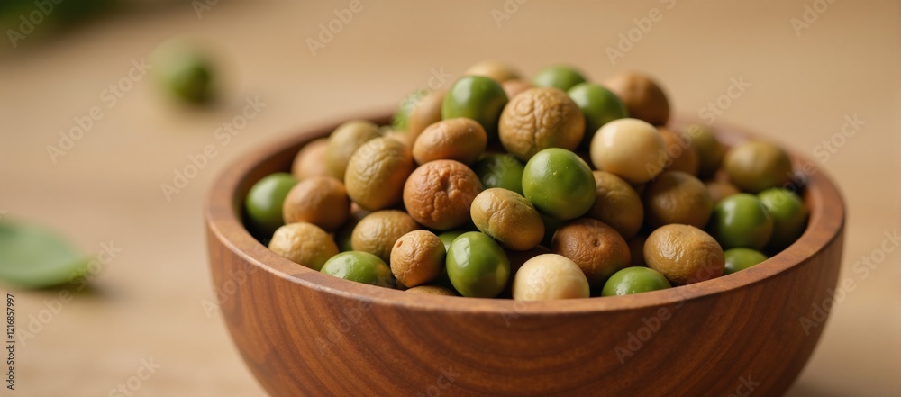 Close-up of organically sourced dried pea ingredients in a rustic wooden bowl Close-up of organically sourced dried pea ingredients in a rustic wooden bowl