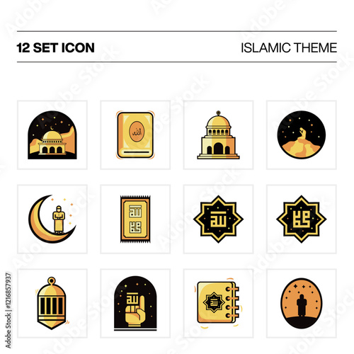 Set of icons. Islamic icons for Ramadan template. Set Islamic icons isolated on a white background. Gold Islamic Icon. Islamic Stream