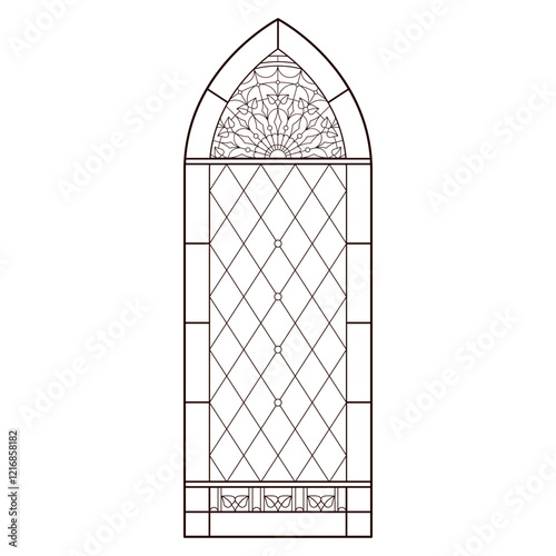 Colouring page for adult. Catholic Arch Church window. 
