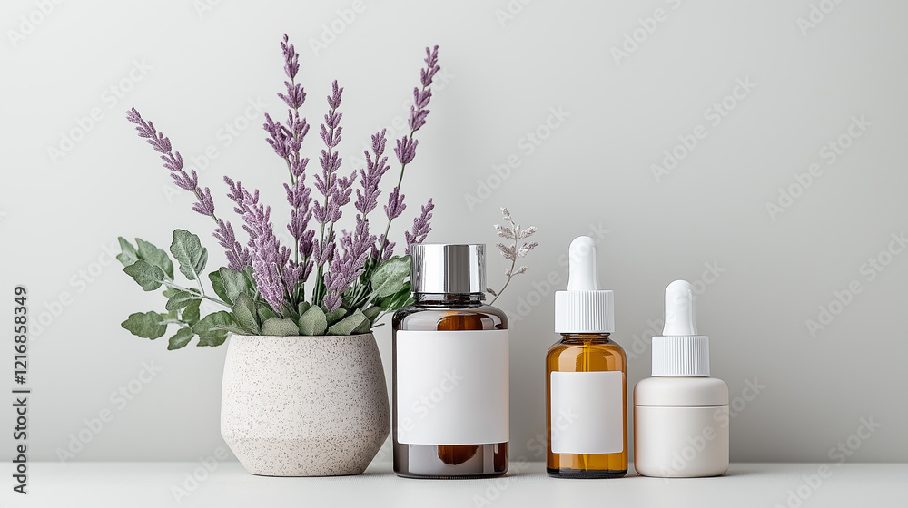 Flat lay arrangement showcases luxurious skincare products and delicate lavender accents on a serene neutral background Flat lay arrangement showcases luxurious skincare products and delicate lavender accents on a serene neutral background