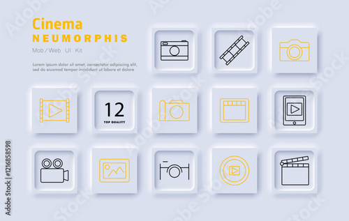 Cinema set icon. Camera, film reel, clapperboard, video playback, photo, image gallery, recording, media production, online streaming, content creation