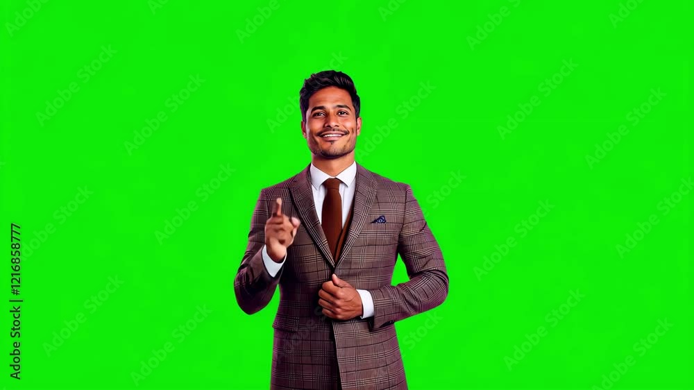 A well-groomed man in a stylish suit stands confidently, smiling and pointing upwards. The green screen background creates a vibrant and lively atmosphere, emphasizing his engaging demeanor, ideal for A well-groomed man in a stylish suit stands confidently, smiling and pointing upwards. The green screen background creates a vibrant and lively atmosphere, emphasizing his engaging demeanor, ideal for