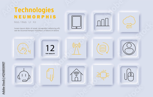 Technologies set icon. Digital solutions, cloud storage, mobile devices, data management, artificial intelligence, automation, connectivity, security, analytics, remote access