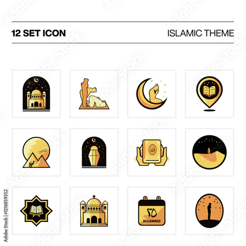 Set of icons. Islamic icons for Ramadan template. Set Islamic icons isolated on a white background. Gold Islamic Icon. Islamic Stream