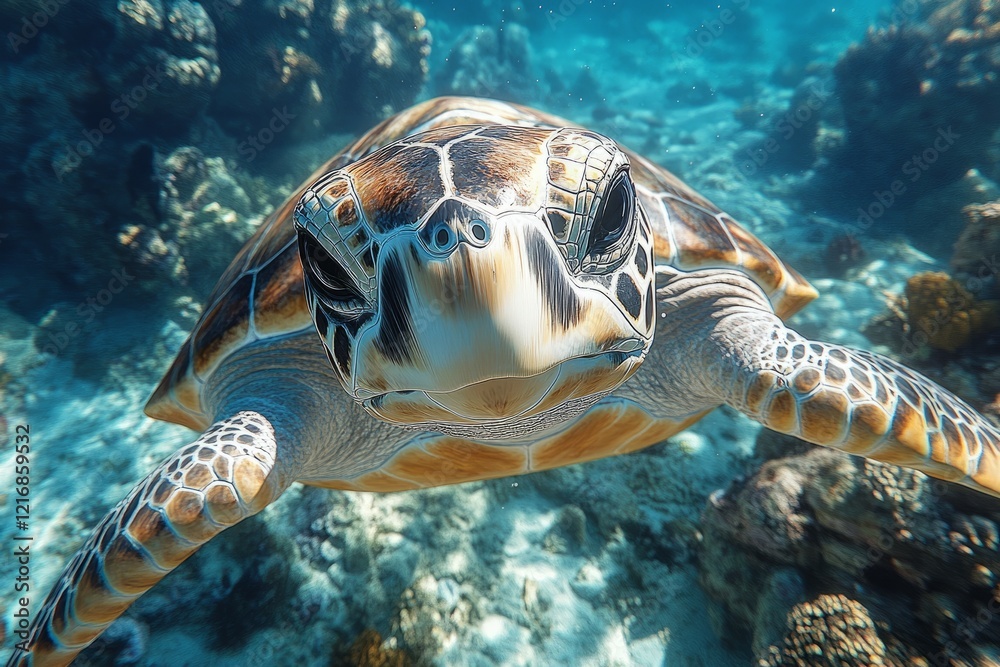Fototapeta premium Turtle gliding gracefully through clear blue waters in a vibrant coral reef environment