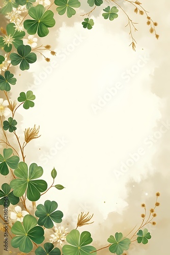 Charming watercolour shamrock on a horizontal backdrop, perfect for St. Patrick's Day greeting cards, banners, and invitations. This iconic three-leaf clover design includes generous space for text