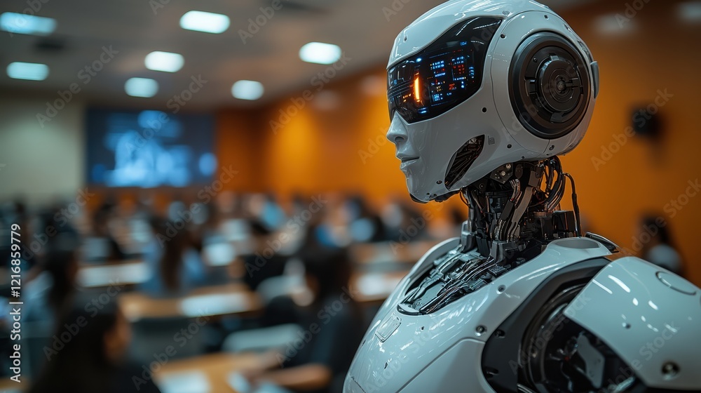 Fototapeta premium Humanoid robot teacher in hightech college classroom setting