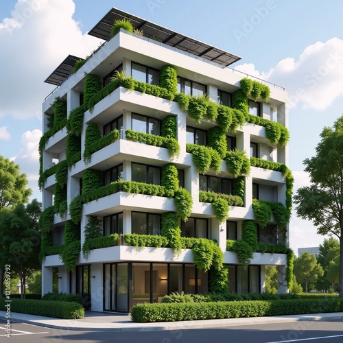 Modern eco-friendly building showcases sustainable urban development through vertical gardens  solar panels photo