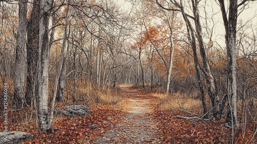 The path in the autumn forest is covered in fallen leaves of orange and red. The trees are bare, their branches reaching up to the sky like skeletal fingers. The air is crisp and cold, The path in the autumn forest is covered in fallen leaves of orange and red. The trees are bare, their branches reaching up to the sky like skeletal fingers. The air is crisp and cold,