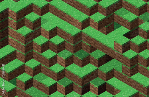 An isometric vector illustration of pixelated cubes forming a mosaic-style landscape with green grass and brown earth tones. Perfect as a wallpaper, game design element