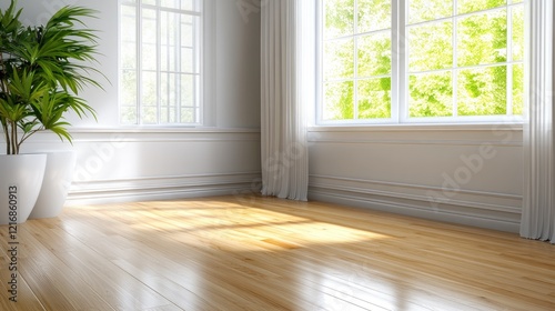 Wallpaper Mural Sunlight floods a spacious room with white walls and wood flooring, highlighting architectural details and creating soft shadows Torontodigital.ca