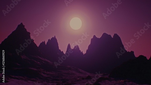 Purple sunset silhouettes mountainscape, alien planet background, fantasy art