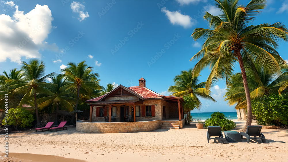 Colorful stone house on the beach, Colorful stone house on the beach,