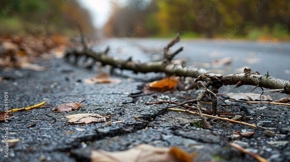 Fototapeta premium Broken tree branch on cracked pavement surrounded by scattered leaves and debris, depicting aftermath of strong winds and stormy weather, environmental damage concept.
