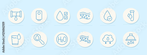 Water quality set icon. Leakage, heater, drop check, contamination, filtration, laboratory, drinking water, research, purification, climate, shower