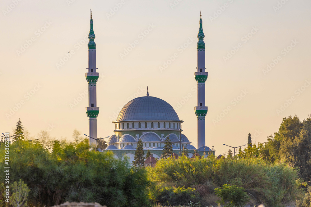 Fototapeta premium View of mosque on sunset. Side, Manavgat, Antalya, Turkey