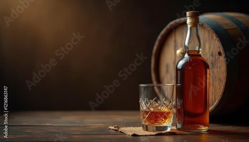 Whiskey Still Life: Amber Liquid, Crystal Glass, Rustic Barrel