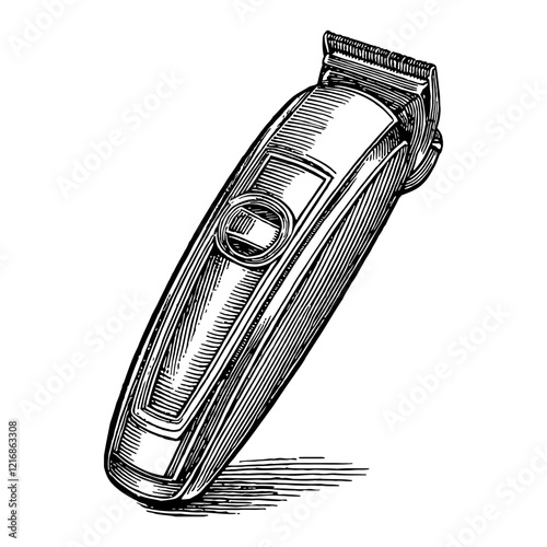Beard Trimmer in Detailed Black and White Outline Line Art Drawing with Shading and Perspective