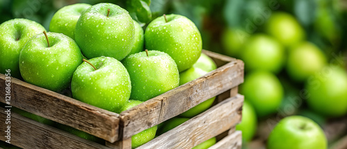 Fresh green apples with water droplets in a rustic wooden crate, surrounded by blurred greenery, ideal for healthy eating, agriculture, and market themes. photo