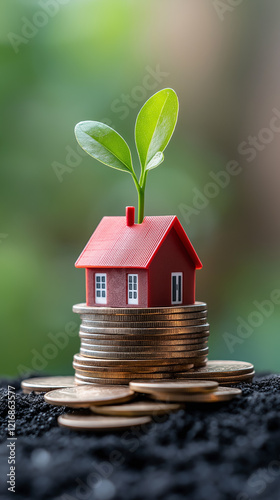 Red house model with green sprout growing on stacks of coins represents real estate investment and financial growth