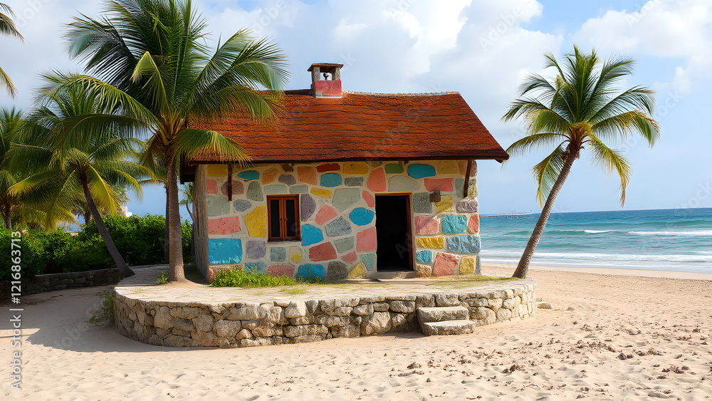 Colorful stone house on the beach, Colorful stone house on the beach,