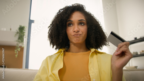 POV webcam view African American woman upset stressed girl pay online with laptop and credit card failure error secure number no money problem reject bank payment bankruptcy blocked account at home