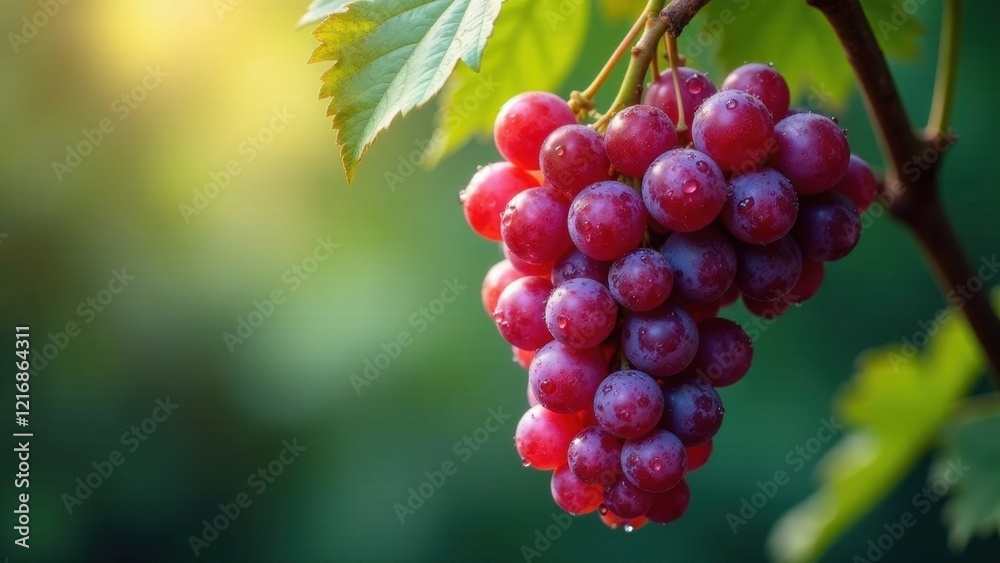 A cluster of dew-kissed red grapes hanging from a vine, bathed in the warm glow of sunlight, against a softly blurred natural backdrop. A cluster of dew-kissed red grapes hanging from a vine, bathed in the warm glow of sunlight, against a softly blurred natural backdrop.