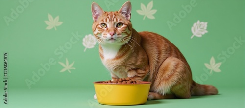 On World Vegan Day a contented cat sits next to a bowl of vegan cat food amidst lush plant motifs photo