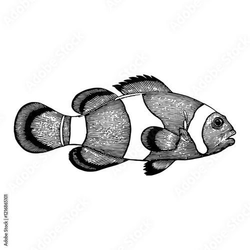 Clownfish Side View Detailed Black and White Outline Line Art Drawing Isolated on White